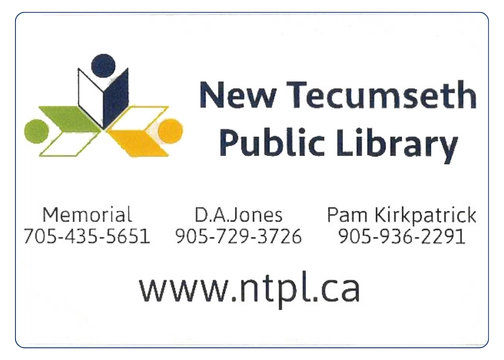 New Tecumseth Public Library card featuring a geometric logo with green, blue, and yellow shapes. Contact numbers for Memorial, D.A. Jones, Pam Kirkpatrick branches, and website www.ntpl.ca