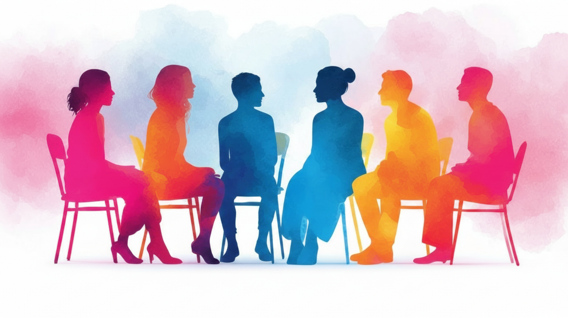 Six colorful silhouettes—three women and three men—sit facing one another on chairs in a row.