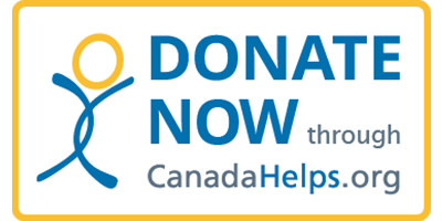 A blue rectangular button with rounded corners featuring a stylized yellow and blue figure and the white text Donate Now through CanadaHelps.org.