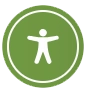 A white icon of a person with arms outstretched inside a green circle, representing the universal symbol for accessibility and inclusive design.
