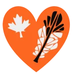 Orange heart on a black background contains a white maple leaf and a stylized white-and-black botanical sprig, evoking love of nature.