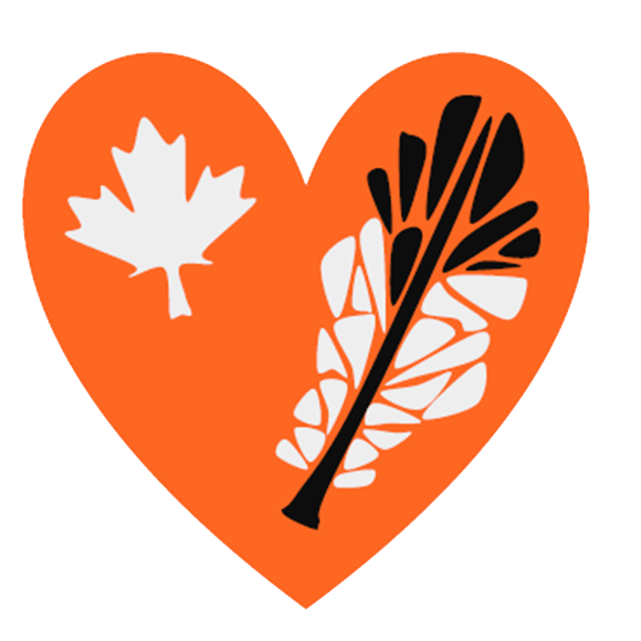 Orange heart on a black background contains a white maple leaf and a stylized white-and-black botanical sprig, evoking love of nature.
