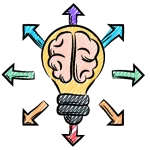 Hand-drawn light bulb with a pink brain inside, surrounded by colorful arrows on a black background; creative, energetic problem-solving concept.
