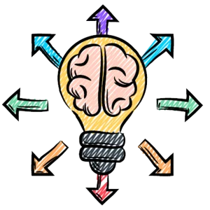 Hand-drawn light bulb with a pink brain inside, surrounded by colorful arrows on a black background; creative, energetic problem-solving concept.