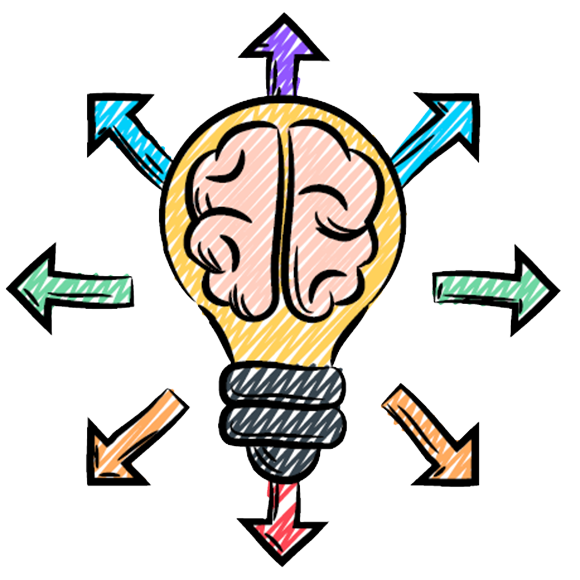 Hand-drawn light bulb with a pink brain inside, surrounded by colorful arrows on a black background; creative, energetic problem-solving concept.