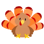 Cartoon turkey with a tan body, yellow beak and feet, and layered orange, red-tipped tail feathers, facing forward on a black background.
