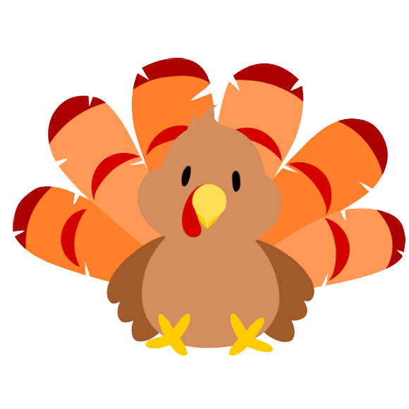Cartoon turkey with a tan body, yellow beak and feet, and layered orange, red-tipped tail feathers, facing forward on a black background.
