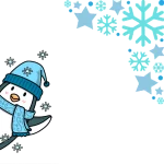 Cheerful cartoon penguin in a blue hat and scarf peeks from the lower left, surrounded by bright snowflakes and stars on a black background.