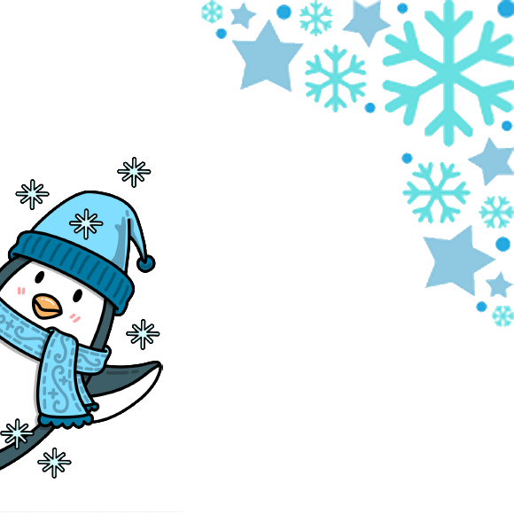 Cheerful cartoon penguin in a blue hat and scarf peeks from the lower left, surrounded by bright snowflakes and stars on a black background.